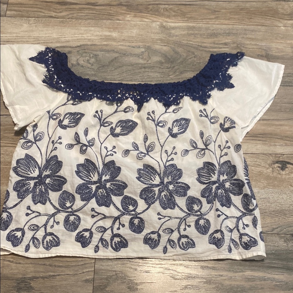 Flying Tomato White Top with Navy Blue Floral Embroidery